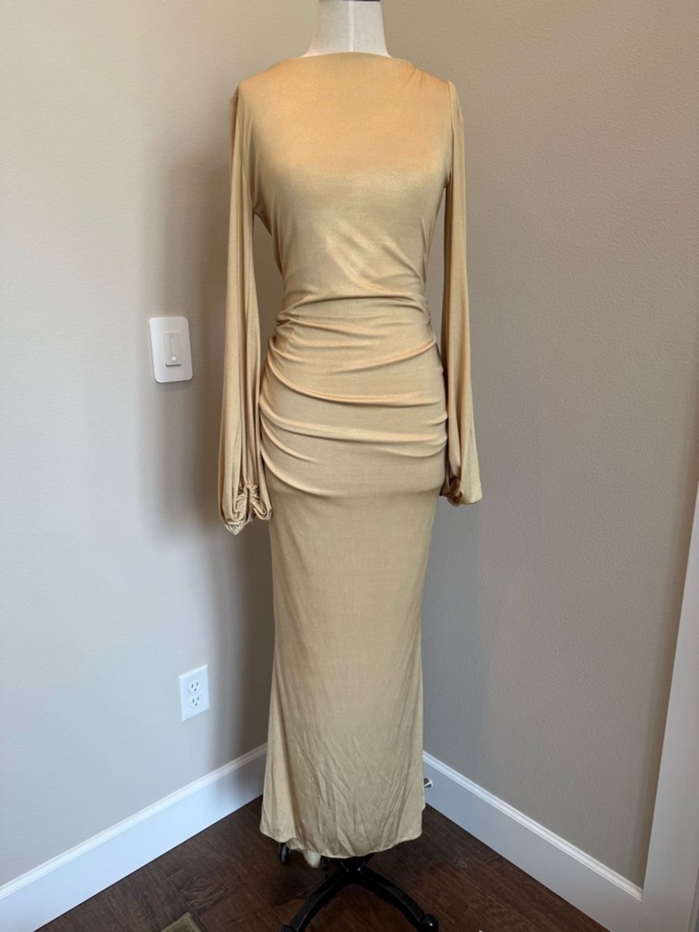 KLS Long-Sleeve Gold Ruched Maxi Dress